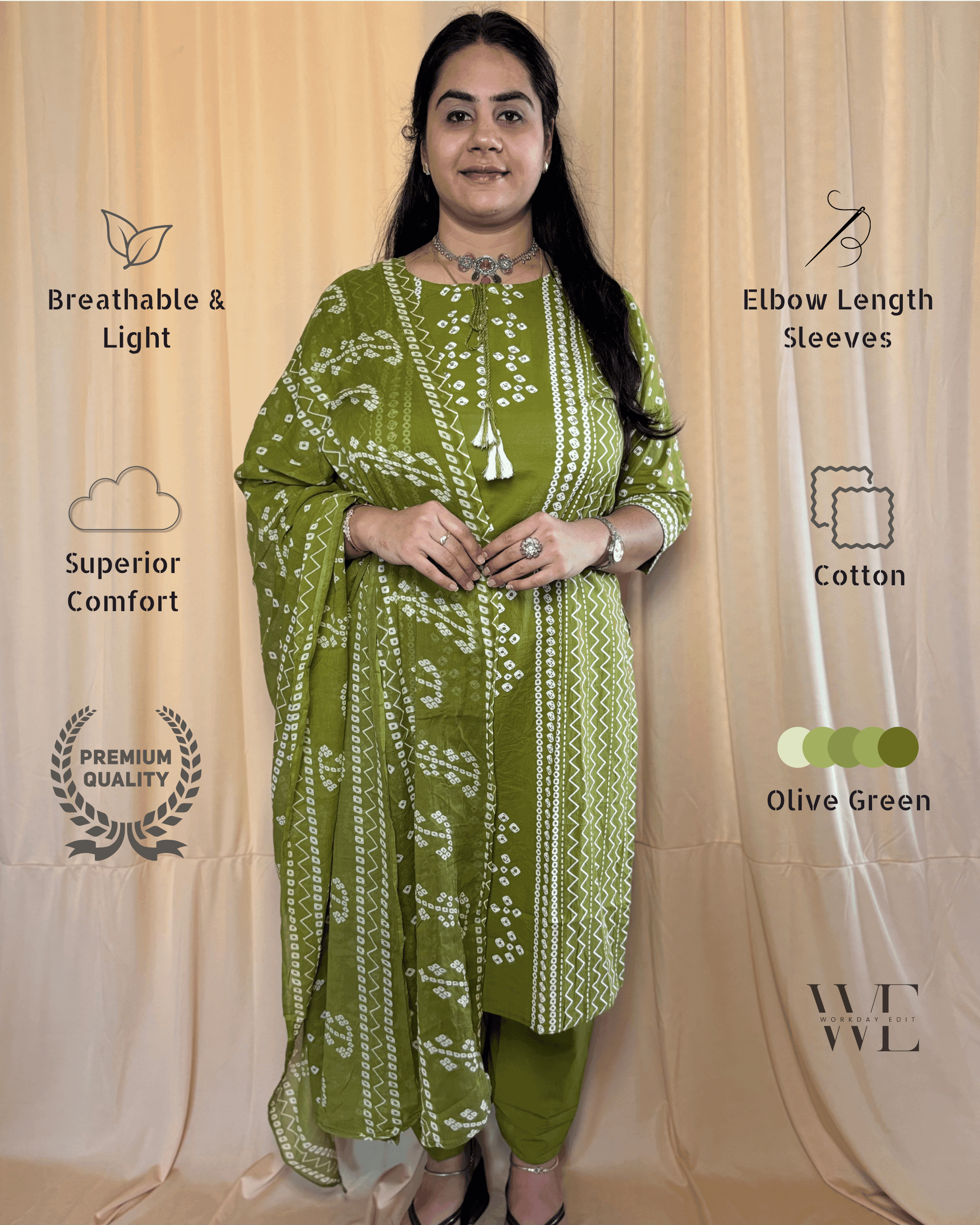 Olive Aura Bandhani Print Cotton 3 Piece Kurta Set for Women
