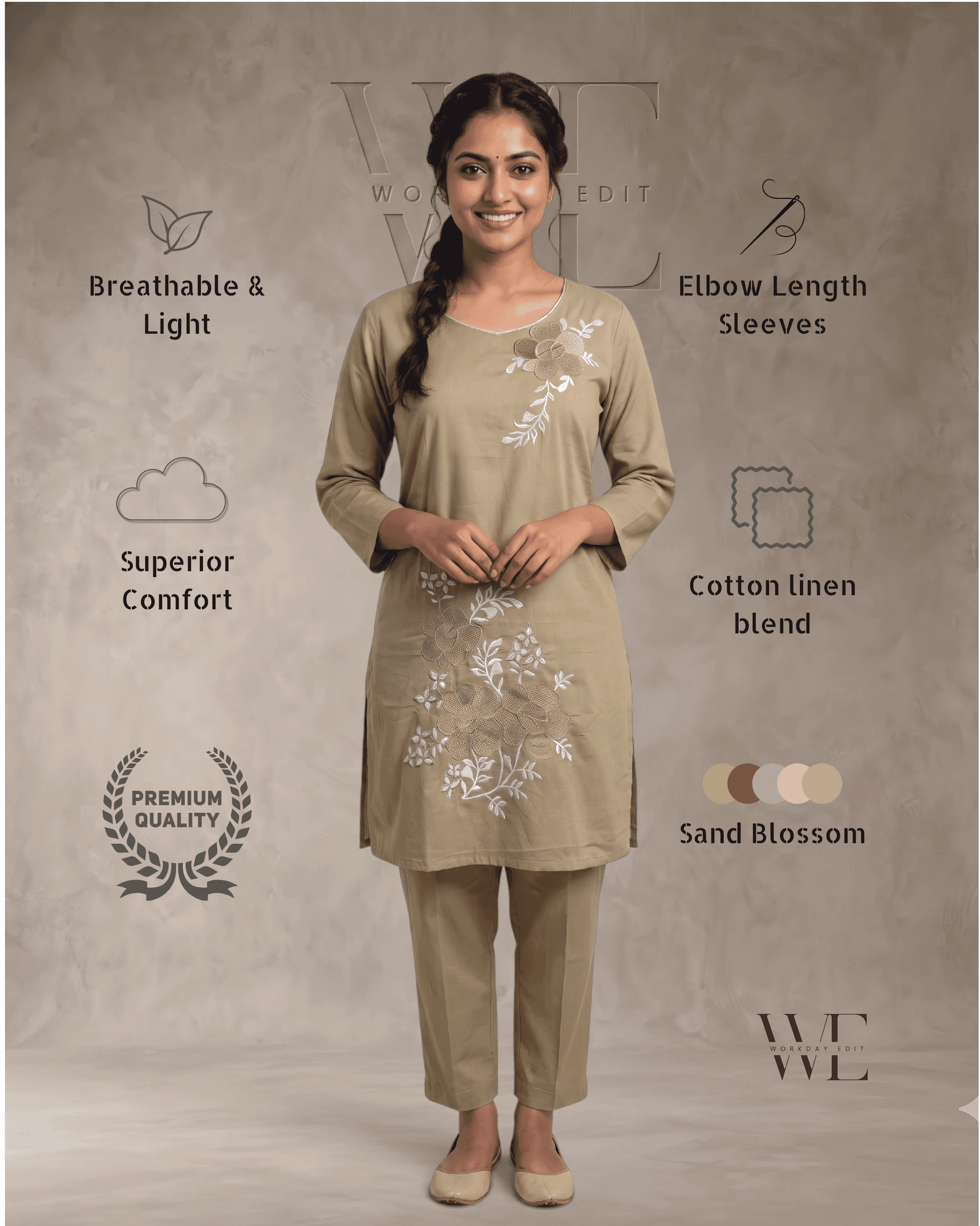 Sand Blossom Beige Embroidered Co-Ord Set for Women