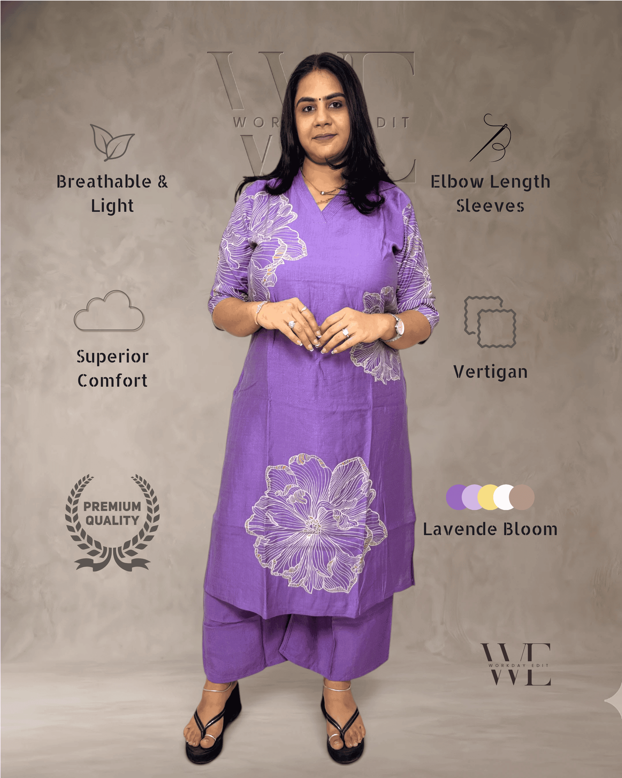 Lavender Bloom Printed Vertigan 2 Piece Kurta Set for Women