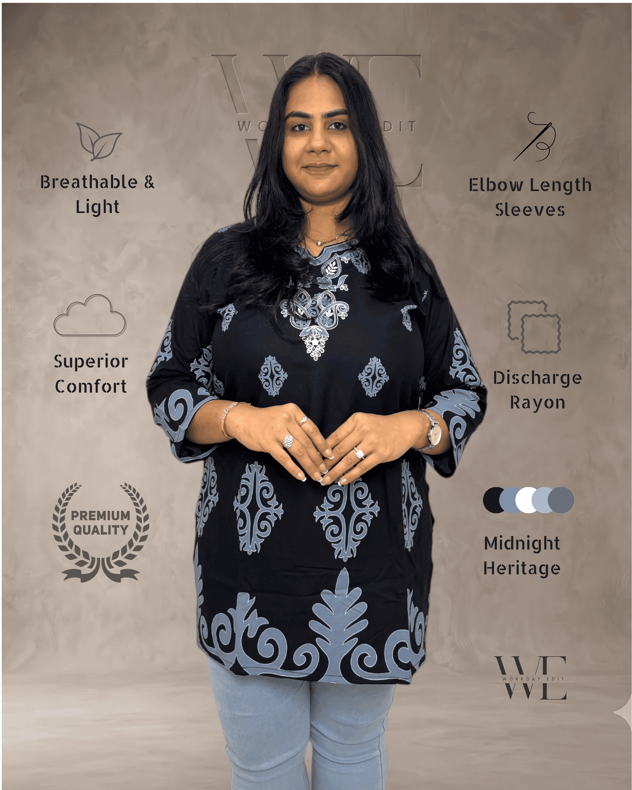 Midnight Heritage Printed Discharge Rayon Tunic for Women