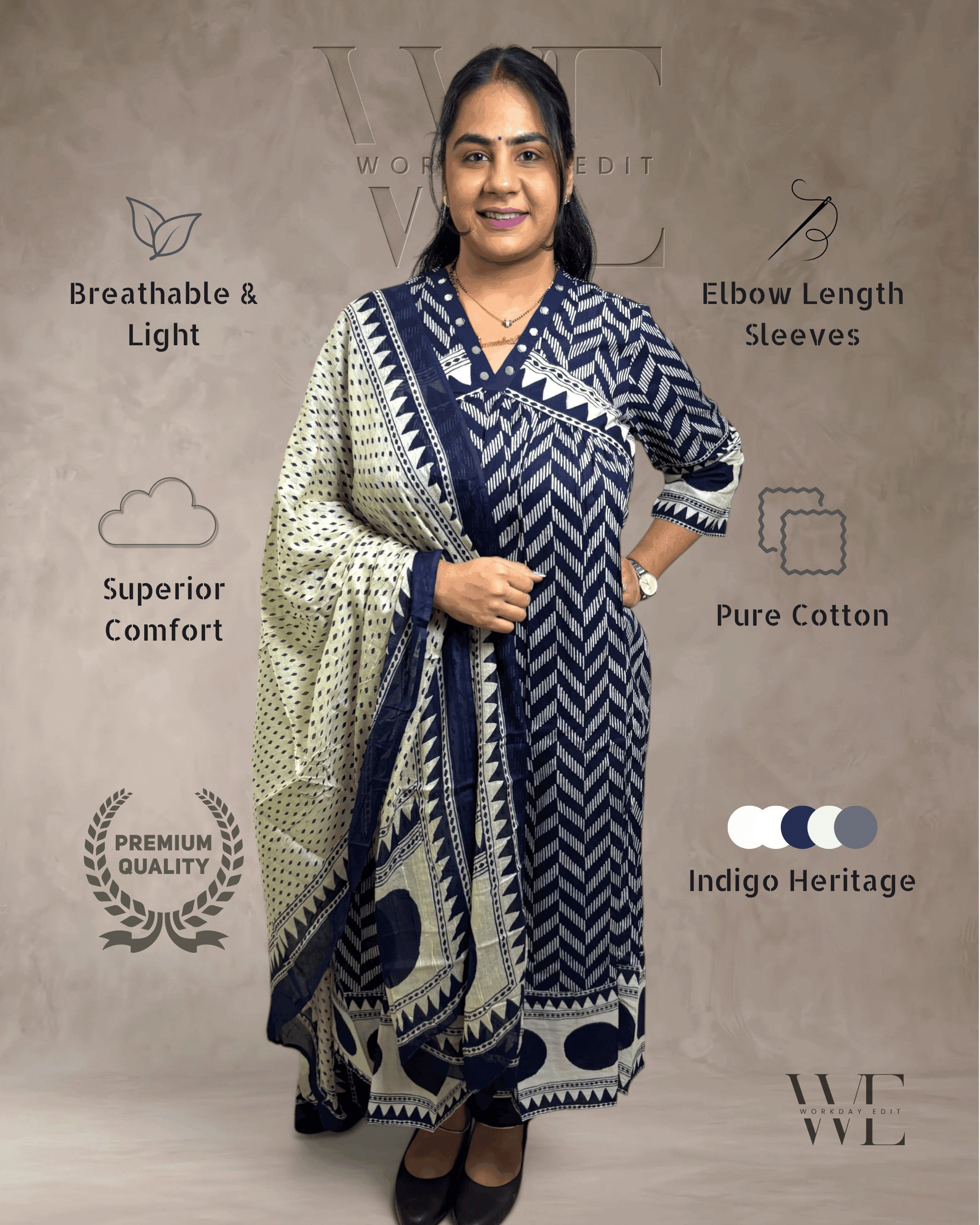 Indigo Heritage Ikat Print Cotton 3 Piece Kurta Set for Women