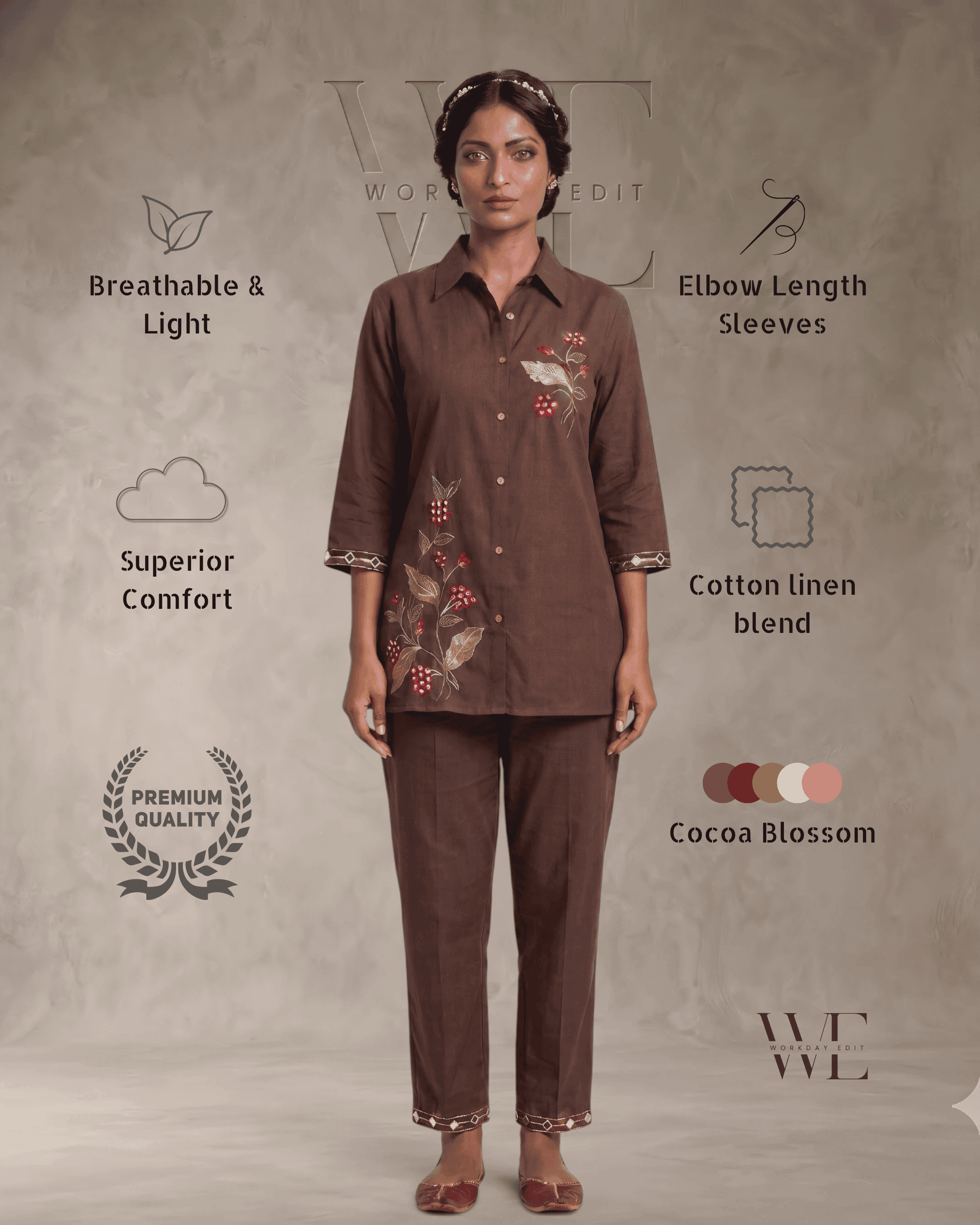 Cocoa Blossom Chocolate Brown Embroidered Co-Ord Set for Women