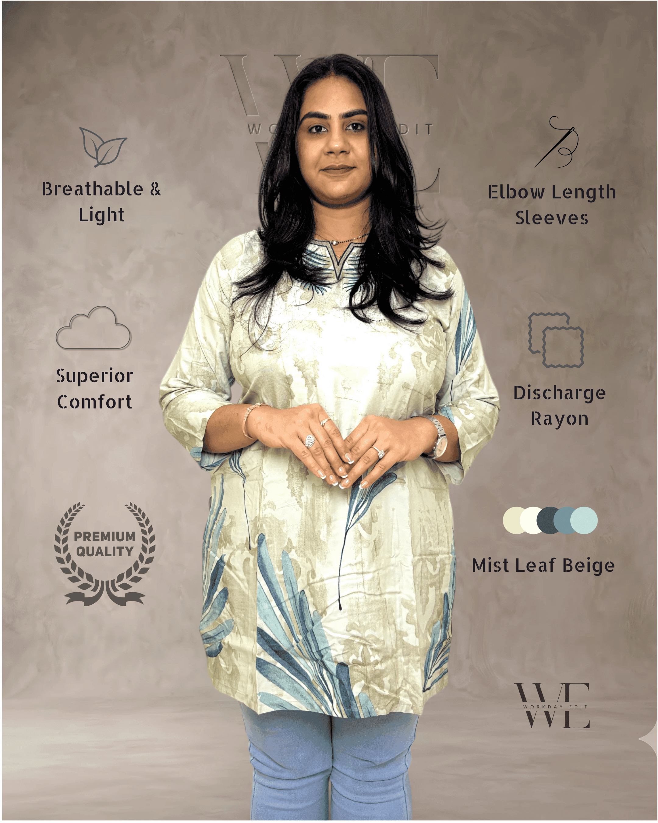 Mist Leaf Beige Printed Discharge Rayon Tunic for Women
