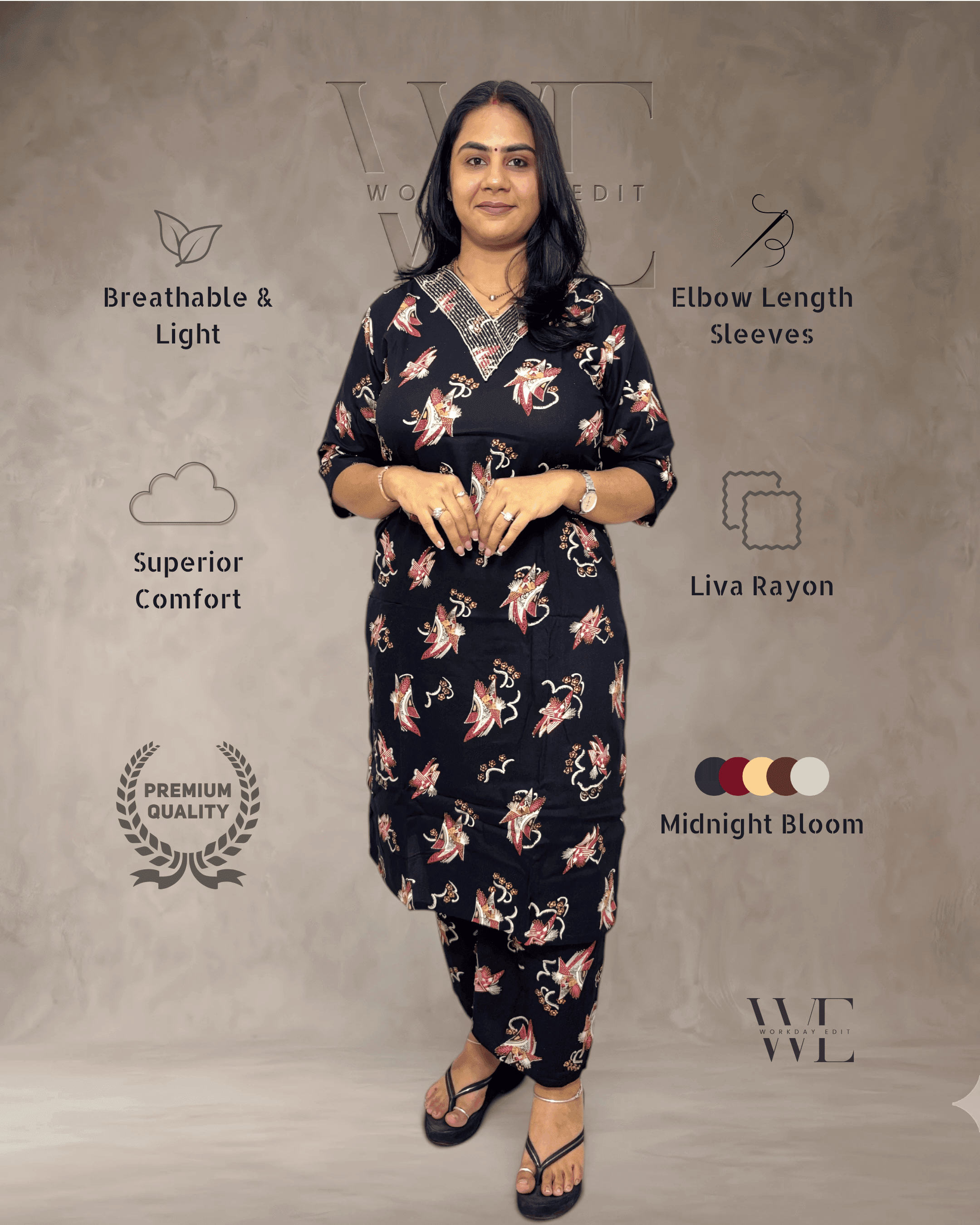 Midnight Bloom Printed LIVA Rayon 2 Piece Kurta Set for Women
