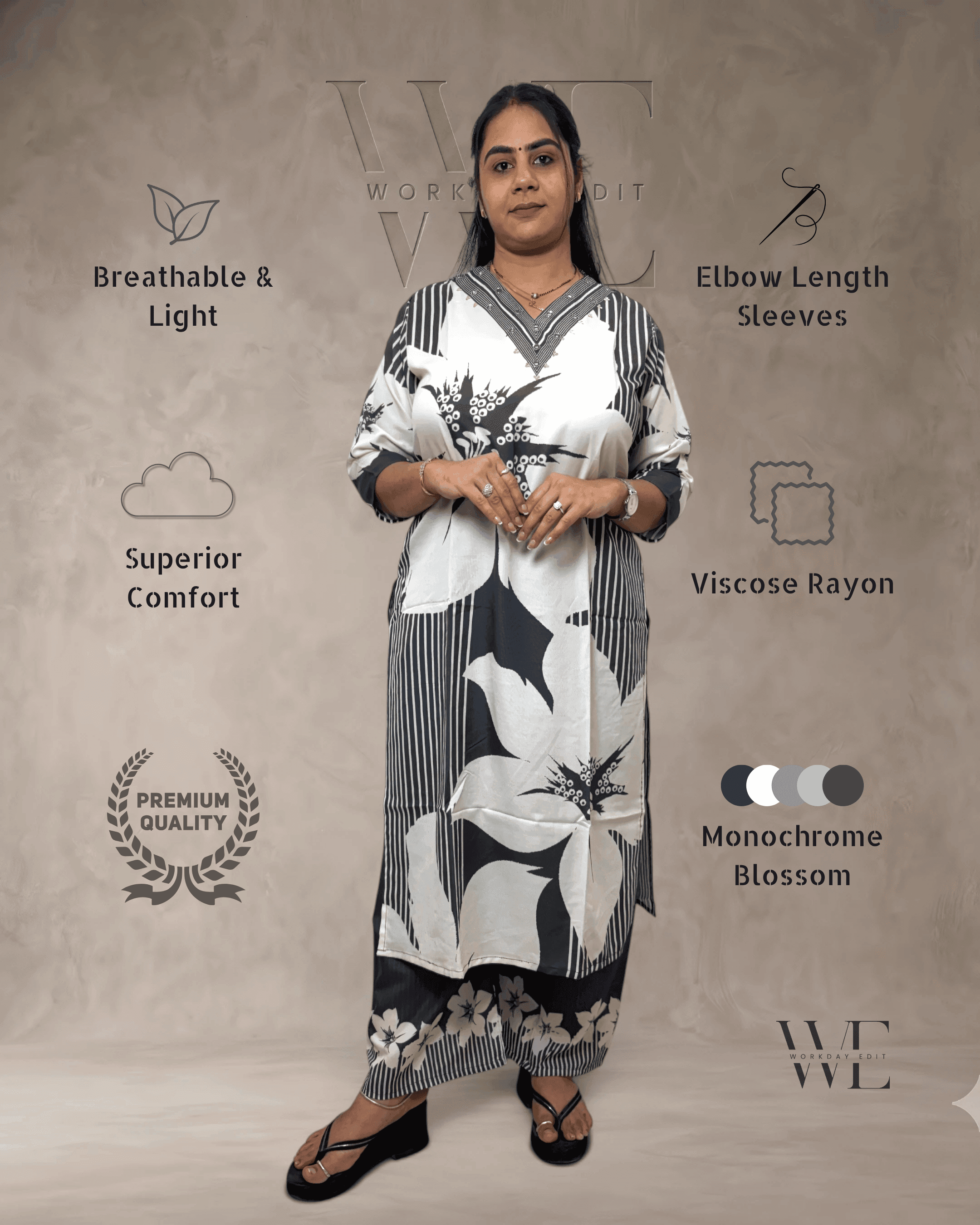 Monochrome Blossom Printed Viscose Rayon 2 Piece Kurta Set for Women