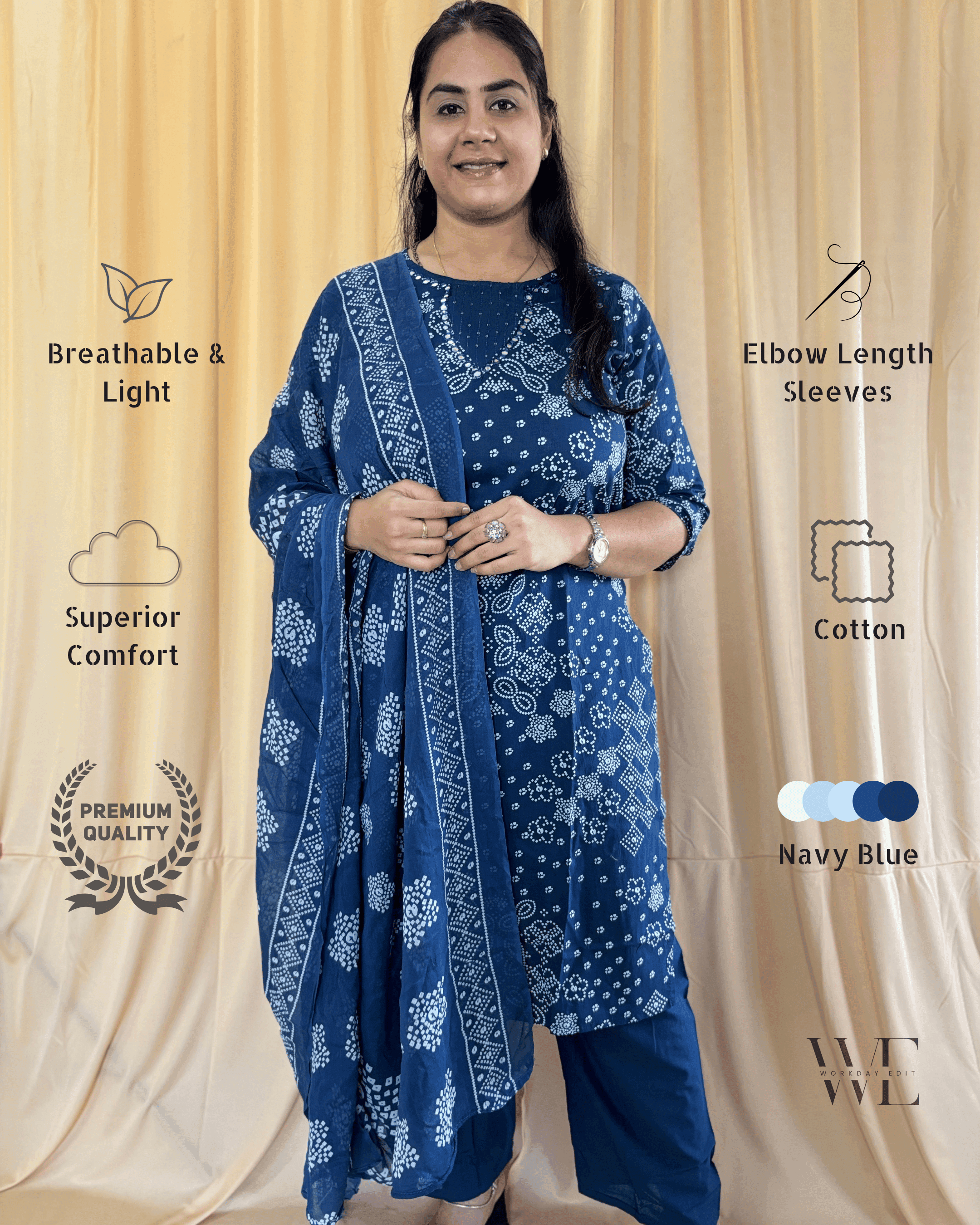 Indigo Noor Bandhani Print Cotton 3 Piece Kurta Set for Women