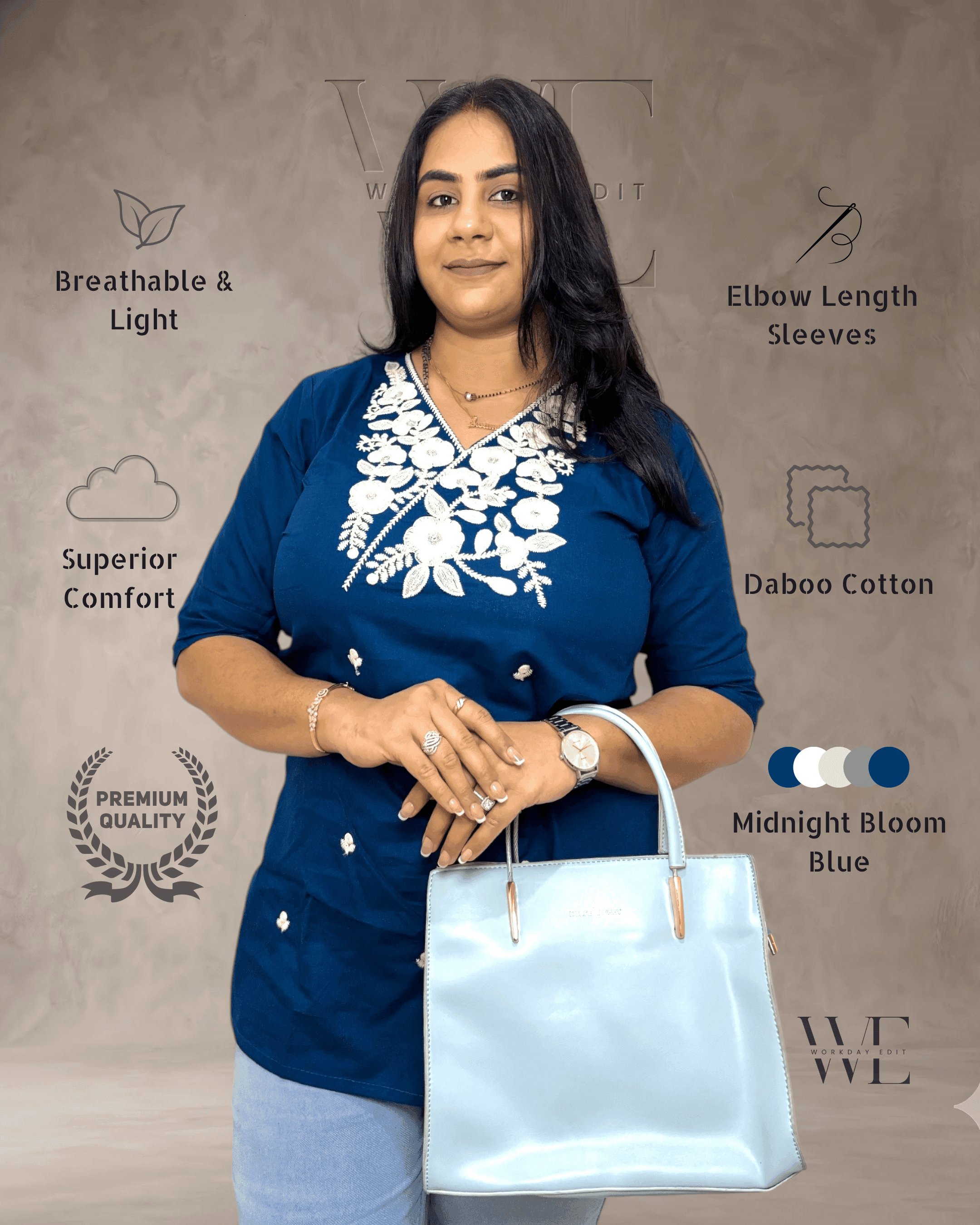 Midnight Bloom Blue Embroidered Daboo Cotton Short Kurti for Women