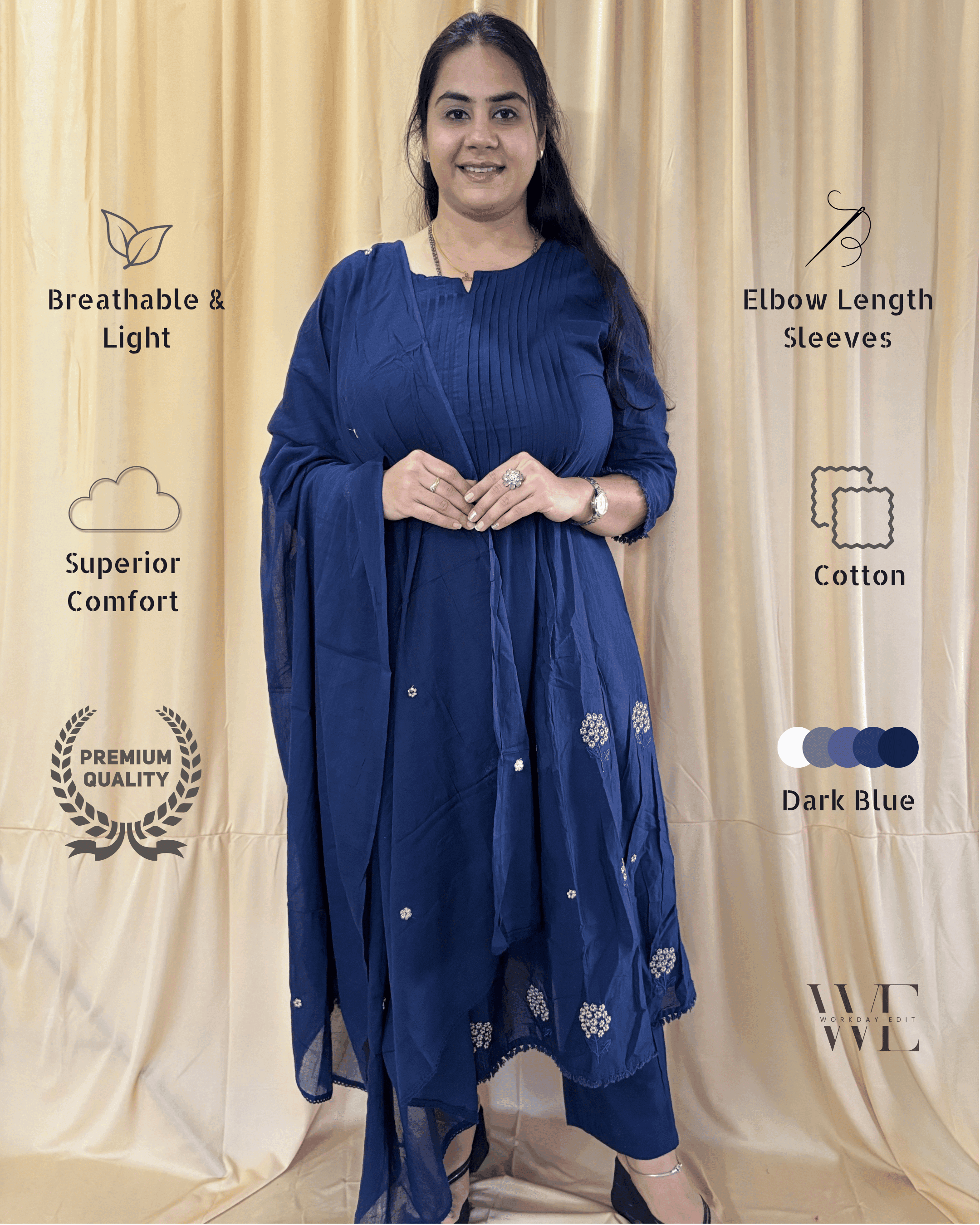Midnight Navy Pintuck 3 Piece Kurta Set