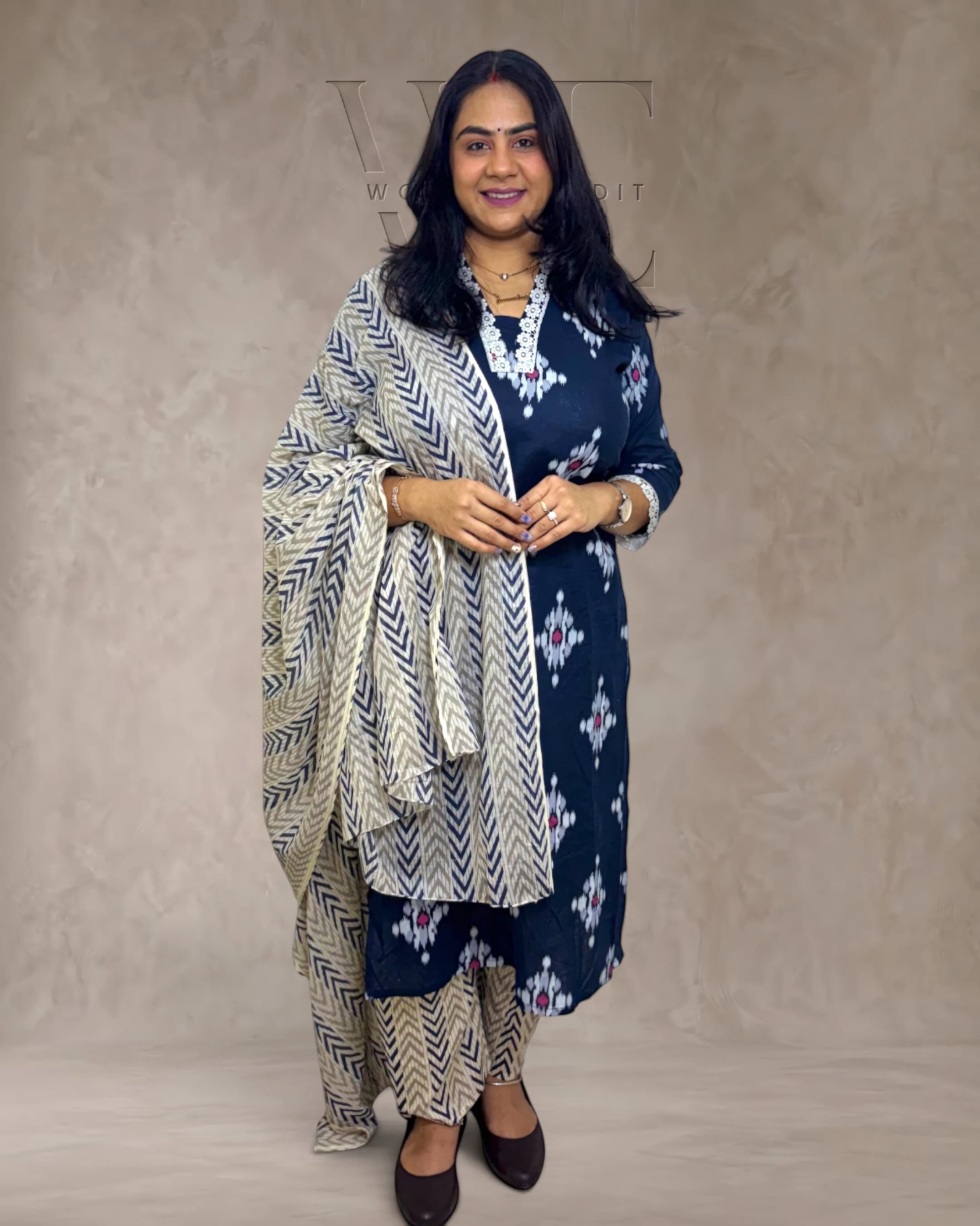 Indigo Ikat Cotton Printed 3 Piece Kurta Set for Women