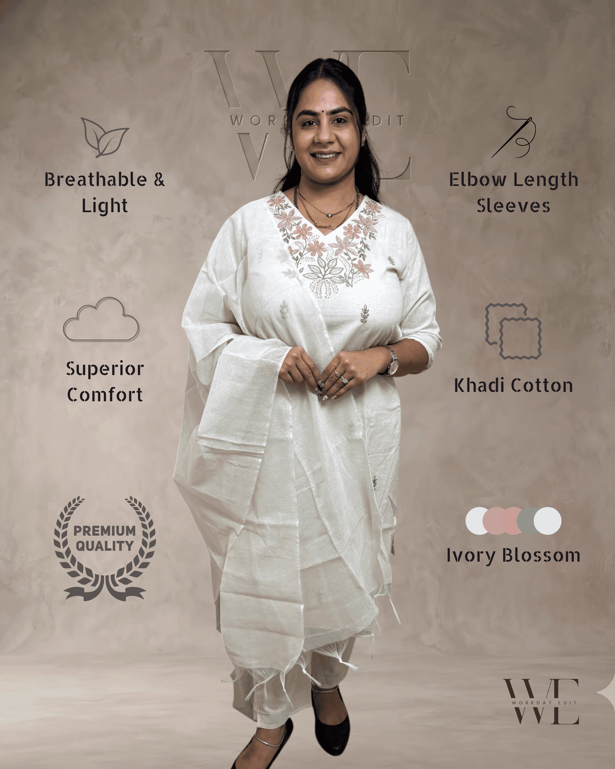 Ivory Blossom Khadi Cotton Embroidered 3 Piece Kurta Set for Women