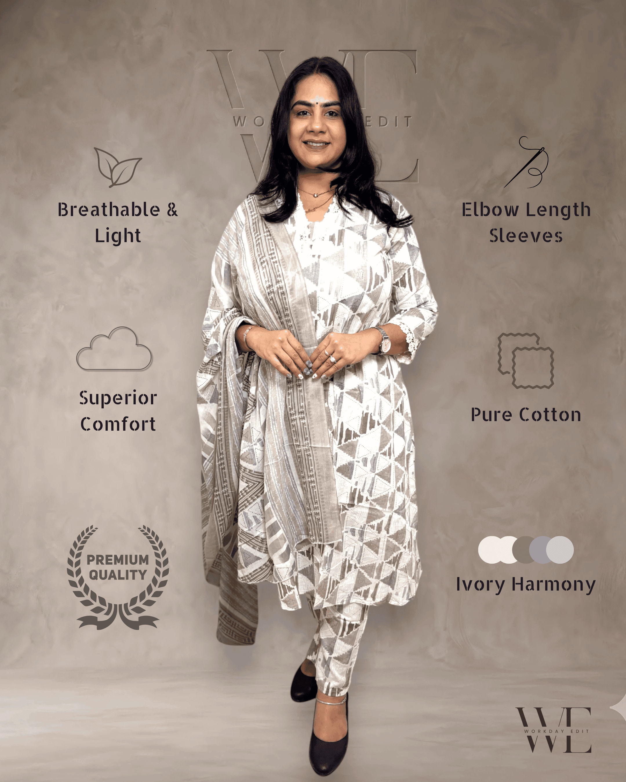Ivory Harmony Geometric Cotton 3 Piece Kurta Set for Women